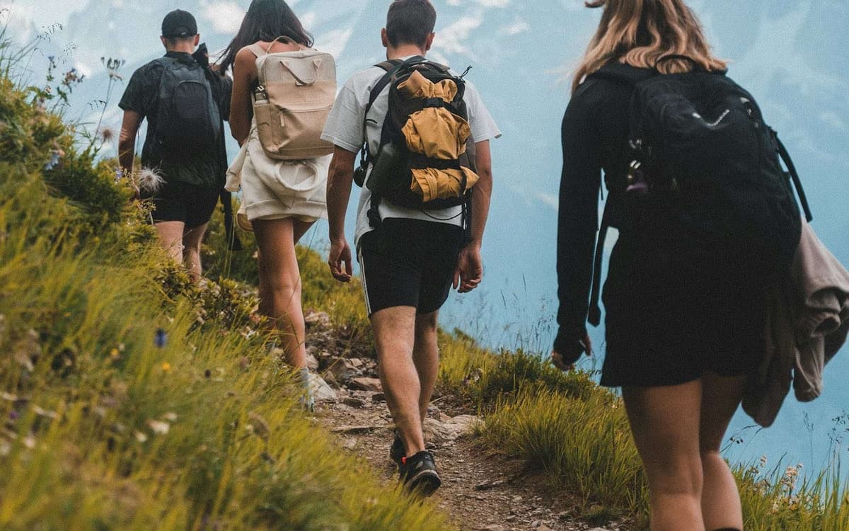 Groupe d'amis en randonnée sur un sentier de montagne